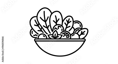 Healthy Salad Bowl Icon: Fresh Greens, Tomatoes, and Herbs Line Art
