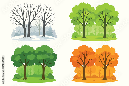 Four seasons trees illustration of winter, spring, summer and autumn. Seasonal nature vetor art