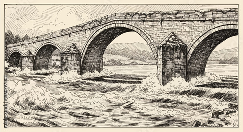 Historic Stone Bridge Arches Over Raging River Rapids, Black and White Sketch