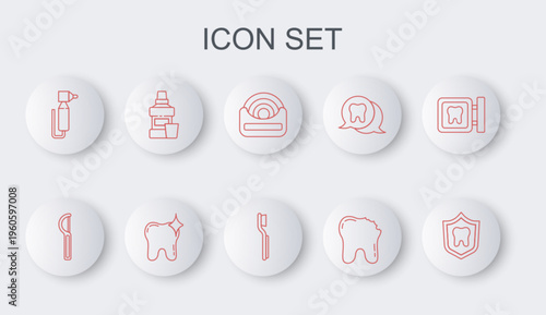 Set line Dental protection, floss, Broken tooth, Tooth drill, Mouthwash bottle, whitening and Toothbrush icon. Vector