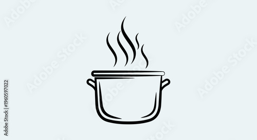 Hot food cooking in a pot with steam rising, simple line art illustration