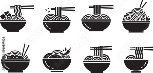 Noodle Bowl Icon Set: Ramen and Pasta Silhouette Vector Graphics