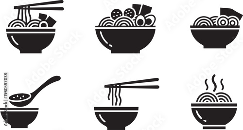 Ramen and Noodle Bowl Vector Icon Set: Japanese Cuisine, Chopsticks, and Soup Silhouettes