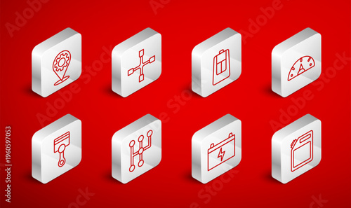 Set line Canister for gasoline, Wheel wrench, Car key with remote, Speedometer, battery, service, Gear shifter and Engine piston icon. Vector