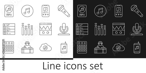 Set line Music player, Microphone, equalizer, playlist, MP3 file document, Oscilloscope and note, tone icon. Vector