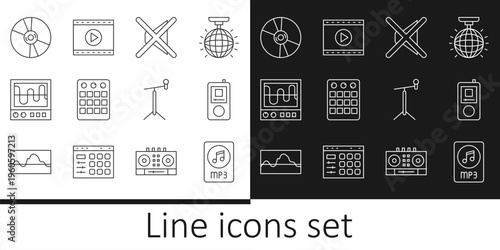 Set line MP3 file document, Music player, Speaker mute, Drum machine, Oscilloscope, CD or DVD disk, Microphone with stand and Online video icon. Vector