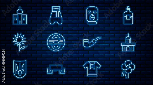 Set line Poppy flower, Church building, Thief mask, Ukrainian hryvnia, Sunflower, Smoking pipe and Cossack pants icon. Vector