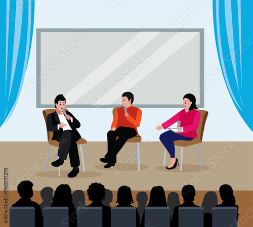 panel discussion talk show stage illustration presentation audience forum conference meeting