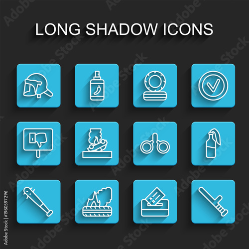 Set line Baseball bat with nails, Lying burning tires, Police helmet, Vote box, rubber baton, Burning car, Cocktail molotov and Handcuffs icon. Vector