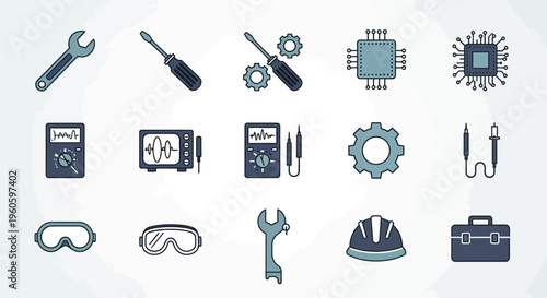 Engineering Tools and Technology Icons: Gears, CPU, Tools, Safety Gear, Toolbox