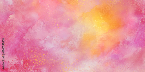 Vibrant pink and orange abstract watercolor background with gold specks and soft blended colors for design and artistic projects