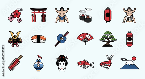 Japan Icons Set: Traditional Culture, Food, and Symbols