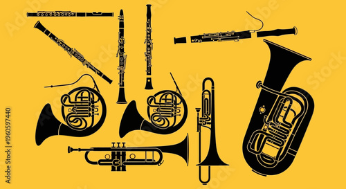 Orchestral Musical Instruments Silhouette Collection on Yellow Background