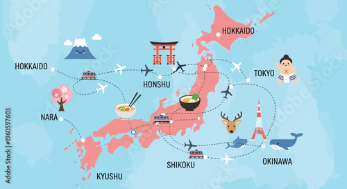 Japan travel map illustration with landmarks and transportation icons