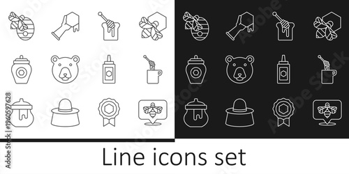 Set line Bee, Honey dipper stick with honey, Bear head, Jar of, Hive for bees, and Honeycomb and hand icon. Vector