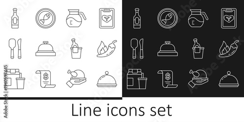 Set line Covered with tray, Hot chili pepper pod, Coffee pot, Hotel service bell, Knife and spoon, Wine bottle, Champagne bucket and Served fish plate icon. Vector