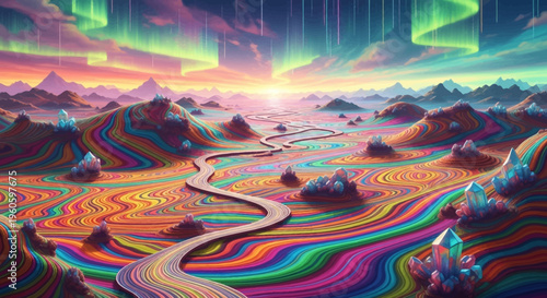 Psychedelic Landscape with Rainbow River and Aurora Borealis