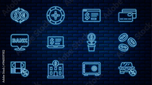 Set line Car leasing percent, Coin money with dollar, Online banking, Laptop, Bank building, Money exchange, Dollar plant and Safe icon. Vector