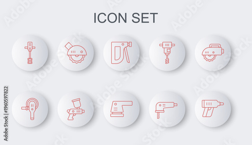 Set line Electric cordless screwdriver, Angle grinder, Construction stapler, jigsaw, Electrical hand concrete mixer, circular, Paint spray gun and sander icon. Vector