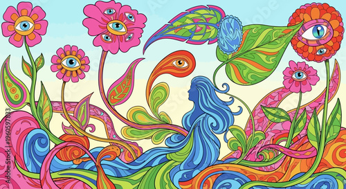 Psychedelic Surreal Garden with Eyes and Woman Silhouette