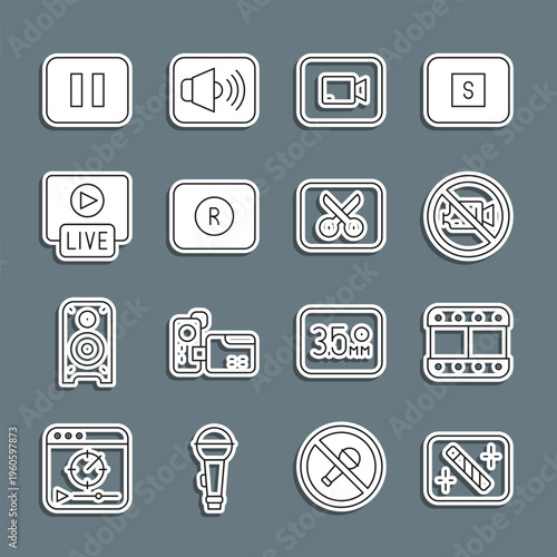 Set line Photo retouching, Play video, Prohibition no recording, button, Record, Live stream, Pause and Music editing icon. Vector