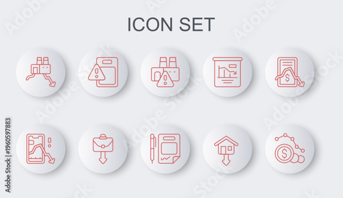 Set line Dollar rate decrease, Mobile stock trading, Shutdown of factory, Falling property prices, Global economic crisis, Briefcase and Contract money and pen icon. Vector