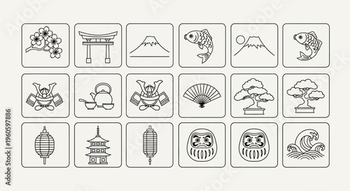 Japanese Culture Icons: Traditional Symbols Collection, Vector Graphics