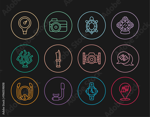 Set line Flippers for swimming, Turtle, Diving knife, Coral, Gauge scale, Photo camera diver and icon. Vector