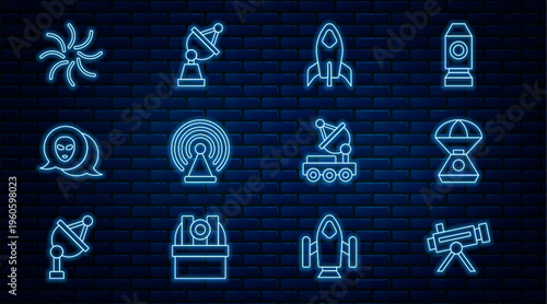 Set line Telescope, Space capsule, Rocket ship, Radar, Alien, Black hole, Mars rover and Satellite dish icon. Vector