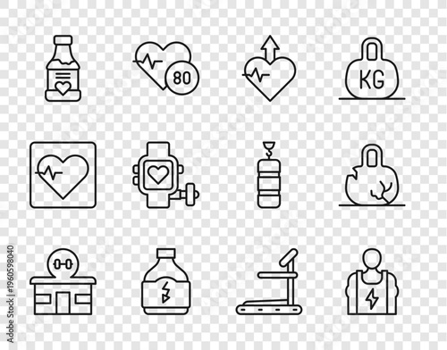Set line Gym building, Bodybuilder, Heartbeat increase, Sports nutrition, Vitamins, Smart watch with heart, Treadmill machine and Broken weight icon. Vector