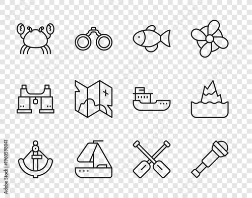 Set line Anchor, Spyglass telescope lens, Fish, Yacht sailboat, Crab, Pirate treasure map, Paddle and Iceberg icon. Vector