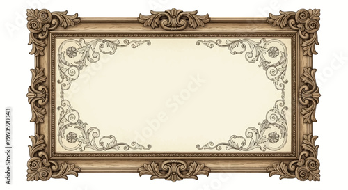 Ornate Vintage Frame with Decorative Swirls and Floral Elements on Cream Background