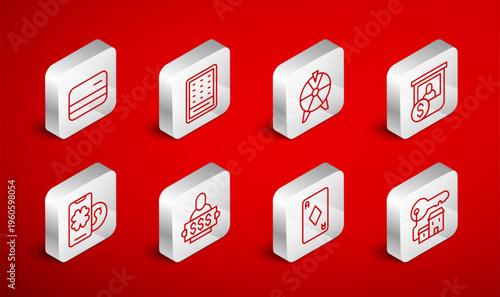 Set line Winning house with key, Lottery ticket, Lucky wheel, Casino chips exchange, Playing card diamonds, Credit, Winner holding prize and Online poker table game icon. Vector