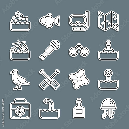 Set line Jellyfish, Periscope, Floating buoy, Diving mask and snorkel, Spyglass telescope lens, Sinking cruise ship, Cruise and Binoculars icon. Vector