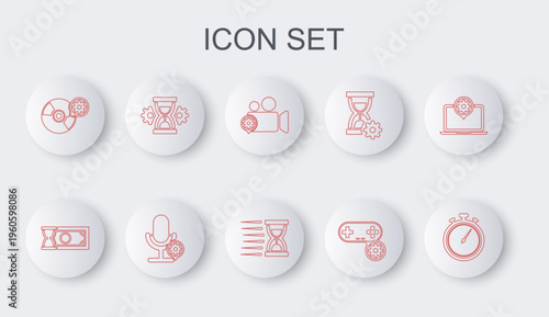 Set line Stopwatch, Fast payments, Video camera setting, Gamepad, CD or DVD disk, Hourglass, Microphone and Old hourglass with sand icon. Vector