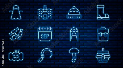 Set line Hive for bees, School backpack, Winter hat, September calendar autumn, Candy, Ghost, and Spider icon. Vector