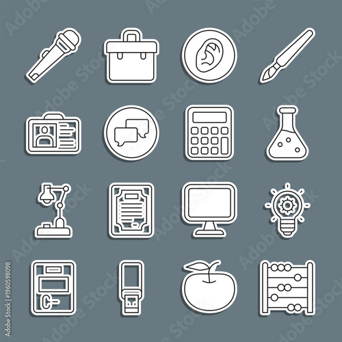 Set line Abacus, Light bulb, Test tube, Ear listen sound signal, Speech bubble chat, Identification badge, Microphone and Calculator icon. Vector
