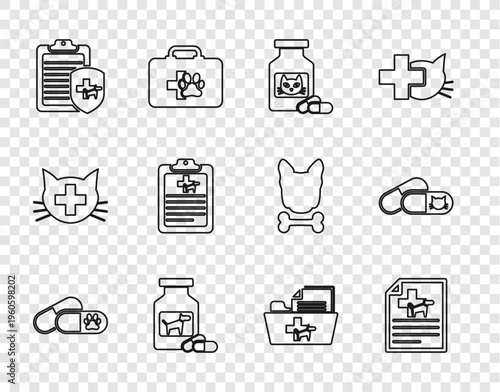 Set line Dog and pills, Medical certificate for dog or cat, Cat medicine bottle, Clinical record pet, veterinary folder and icon. Vector