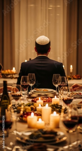 Man in kippah at dinner table.