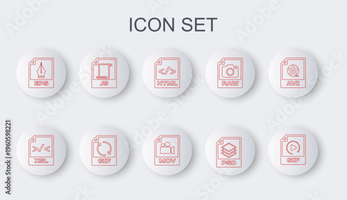 Set line GIF file document, XSL, HTML, PSD, EPS, JS, and MOV icon. Vector