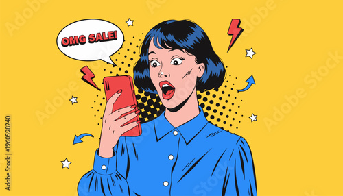 Pop Art Illustration of a Shocked Young Woman Looking at Smartphone with OMG Sale Speech Bubble for E-commerce Marketing, Flash Sales, and Mobile Retail Promotions
