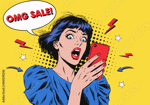 Pop Art Illustration of a Shocked Young Woman Looking at Smartphone with OMG Sale Speech Bubble for E-commerce Marketing, Flash Sales, and Mobile Retail Promotions