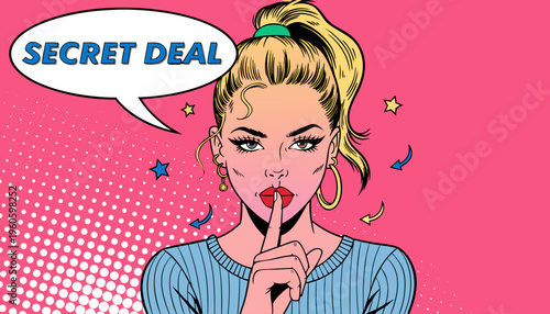 Pop Art Illustration of a Young Woman Making Silence Gesture with Secret Deal Speech Bubble for Exclusive Sales Marketing and Special Retail Promotions