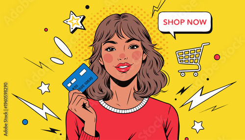 Pop Art Illustration of a Young Woman Holding a Credit Card with Shop Now Speech Bubble for E-commerce Marketing and Retail Sales Promotions