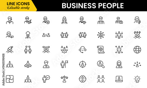 Business people line icons set. Businessman outline icons collection. Teamwork, human resources, meeting, partnership, meeting, work group, success, resume 