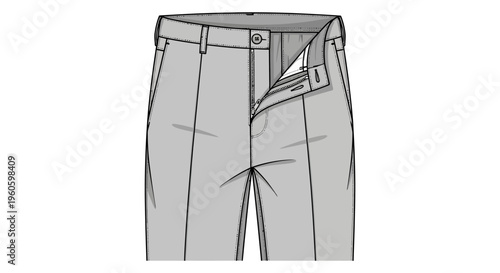 Front view of light grey trousers with open zipper and button closure