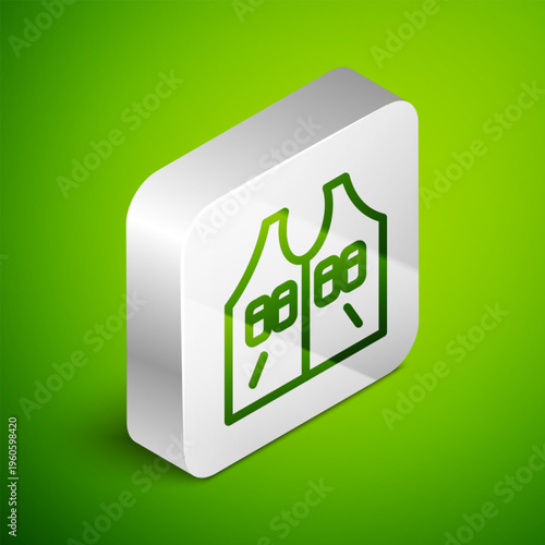 Isometric line Hunting jacket icon isolated on green background. Hunting vest. Silver square button. Vector