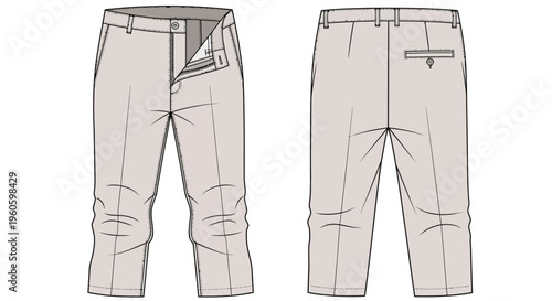 Men's Casual Chinos Pants Flat Sketch Front and Back View Fashion Design