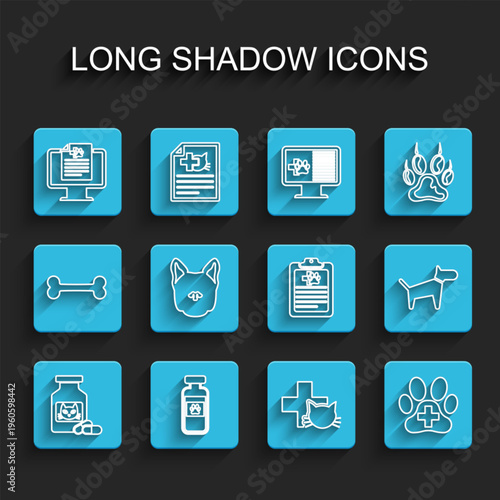 Set line Cat medicine bottle and pills, Pets vial medical, Clinical record pet on monitor, Veterinary clinic, Dog, and icon. Vector