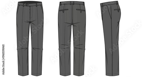 Men's Grey Trousers: Front, Back, and Side Views for Fashion Design